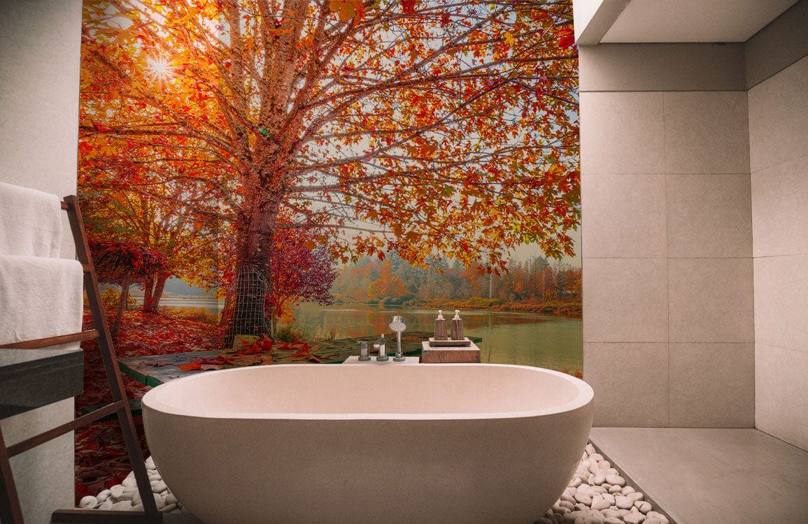 Forest of Maple Leaves Next to a Lake Scene Bathroom Wall Mural