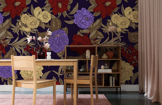 Home and Office Decoration Featuring a Metallic Royal Flowers Wallpaper Mural