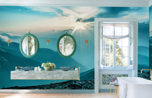 Wallpaper mural featuring the Misty Mountains at Daybreak, perfect for use as bathroom decor.