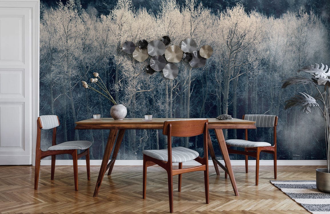 Wallpaper mural featuring a misty silver forest for use in decorating the dining room