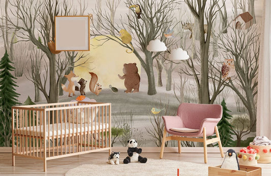 Nursery Wall Mural Featuring a Moon with Animals at Their House