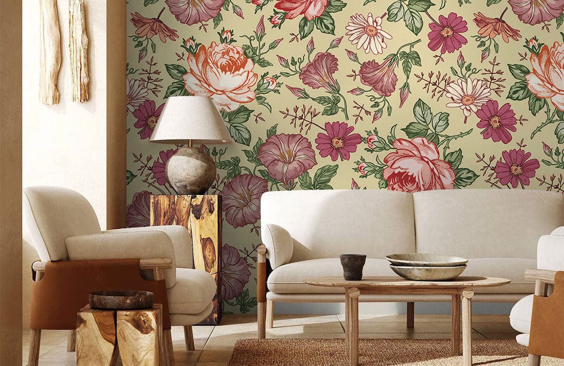 Wallpaper mural featuring moonflowers and petunias, perfect for decorating the living room.