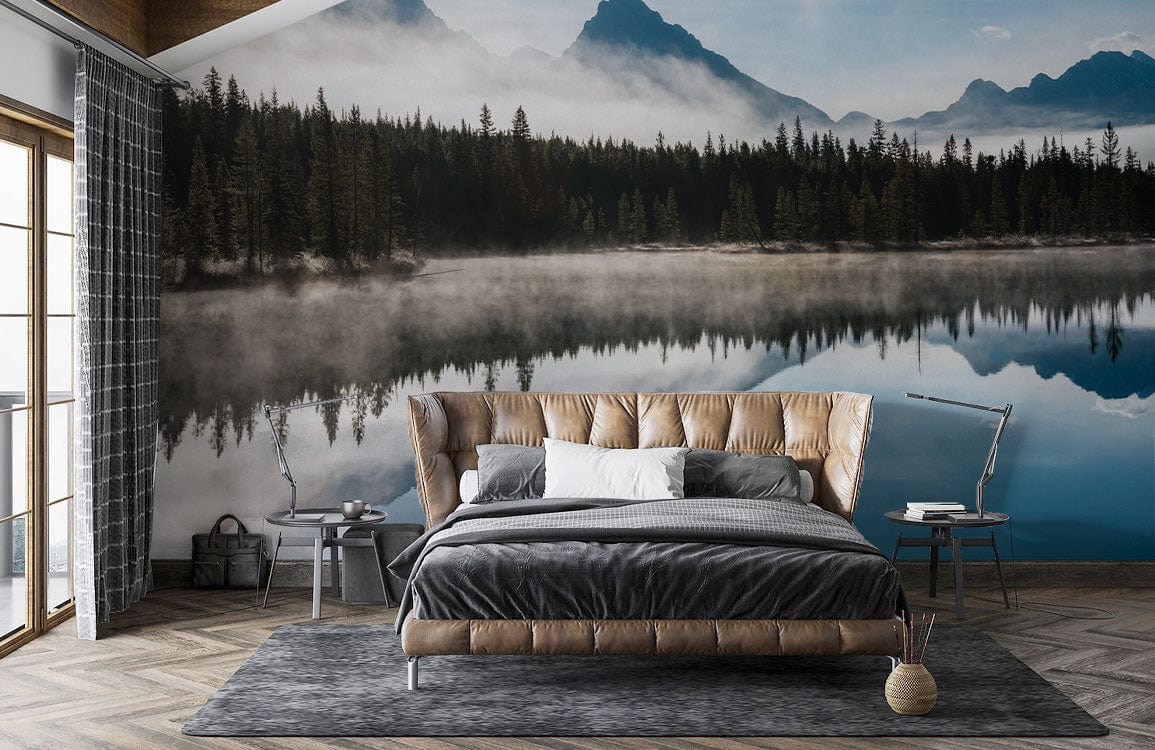 Wallpaper mural featuring mountains and distant landscapes, perfect for decorating a bedroom.