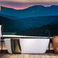 Wallpaper Mural for Bathroom Decoration Featuring a Mountain Range and a Purple Sunset Scenery