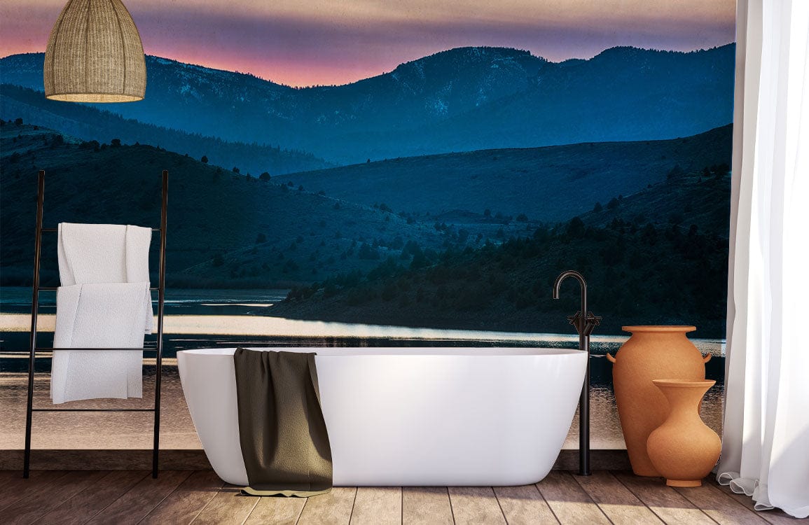 Wallpaper Mural for Bathroom Decoration Featuring a Mountain Range and a Purple Sunset Scenery