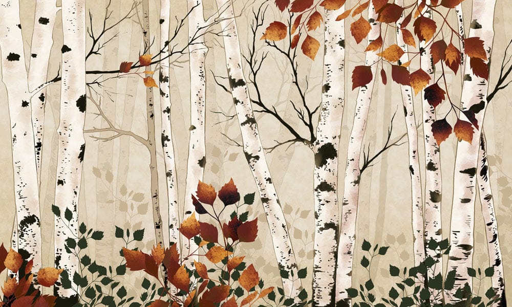 wallpaper mural of a neutral autumn scene with a bold iana woodland as interior design for the residence
