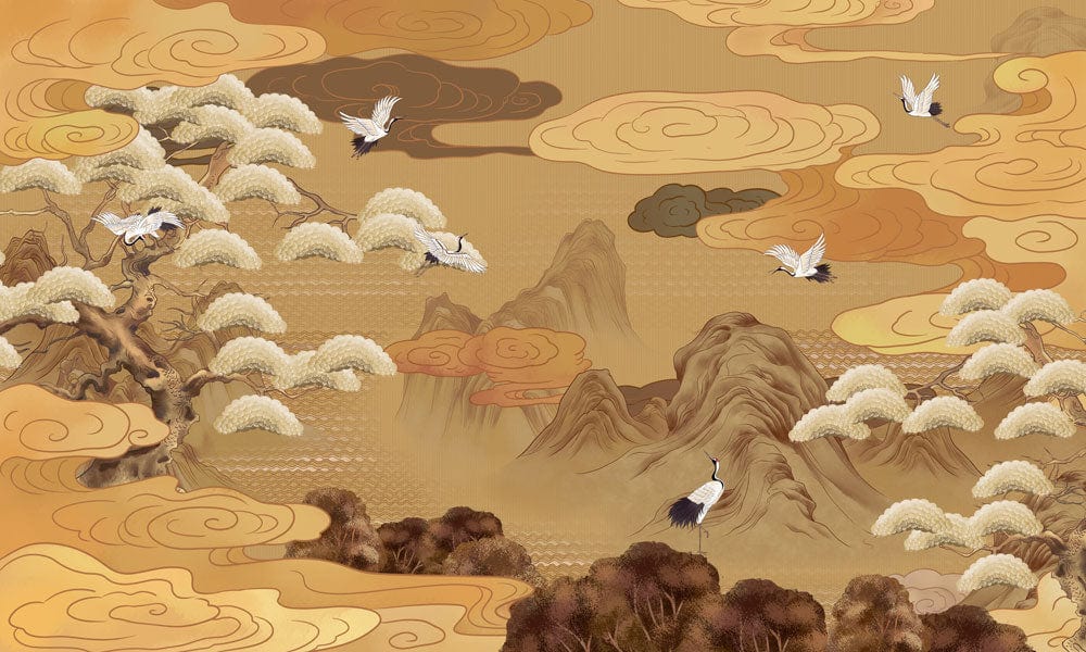 Asian Landscape Crane Gold Mural Wallpaper