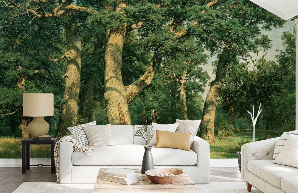 Wallpaper mural featuring an oak grove for use in decorating the living room