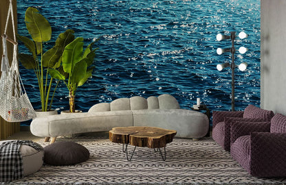 Wallpaper Mural for the Living Room Decor Featuring an Ocean Scene with Sunshine