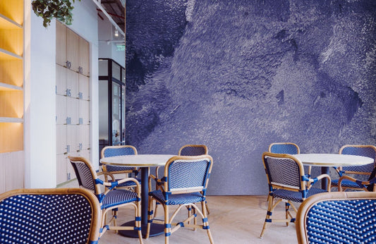 Mural wallpaper featuring an old-fashioned paint job in a deep purple colour for the dining room.