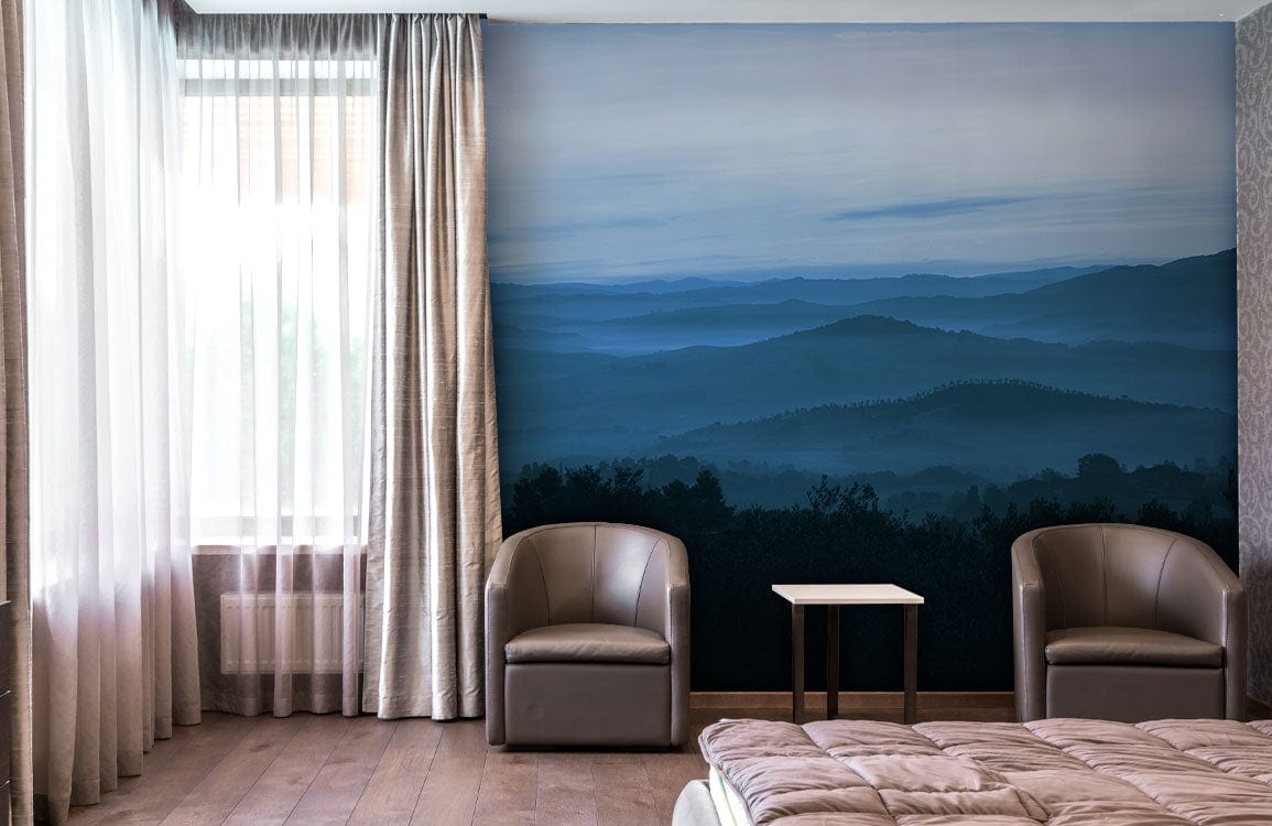 Wallpaper mural with ombre blue hilltops, perfect for decorating the living room.