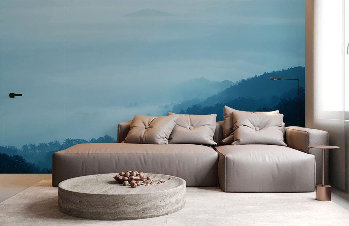 Living Room Decoration Featuring an Ombre Cloud and Hilltop Wallpaper Mural