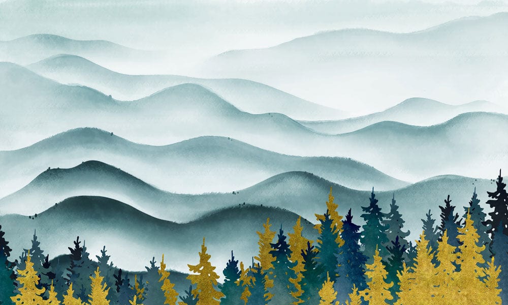 Wallcovering with a mural depicting Ombre Ink Mountain Waves for Interior Design