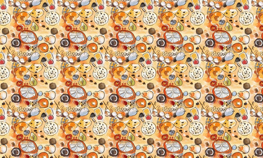 Wall Mural for Room Decoration Featuring Fruits in an Orange Watercolor Background.