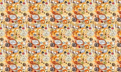 Wall Mural for Room Decoration Featuring Fruits in an Orange Watercolor Background.
