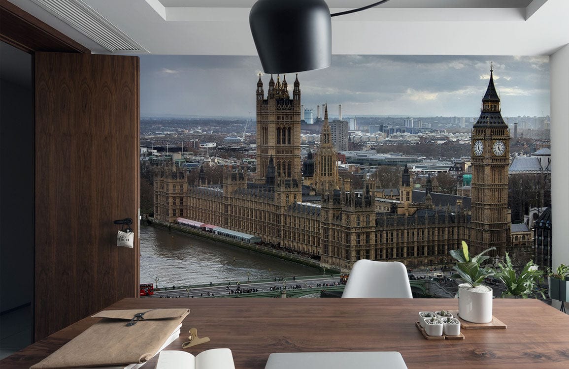 Wallpaper mural featuring an overview scene of the House of Parliament for use in decorating an office.