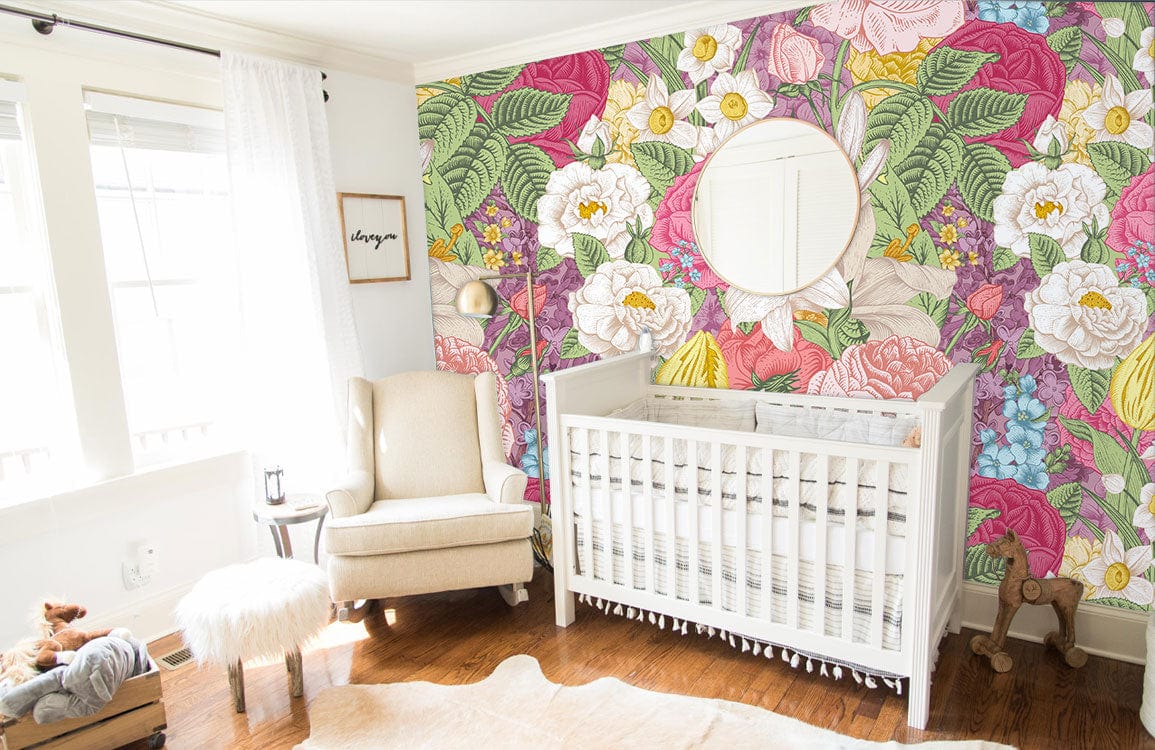 Wallpaper mural with a pastel version of the prosperous flower design, ideal for use in nurseries.