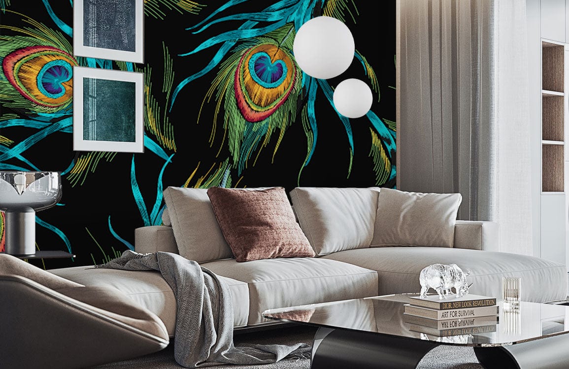 Mural Wallpaper Design Featuring a Peacock Feather in a Dark Background for the Living Room Decor