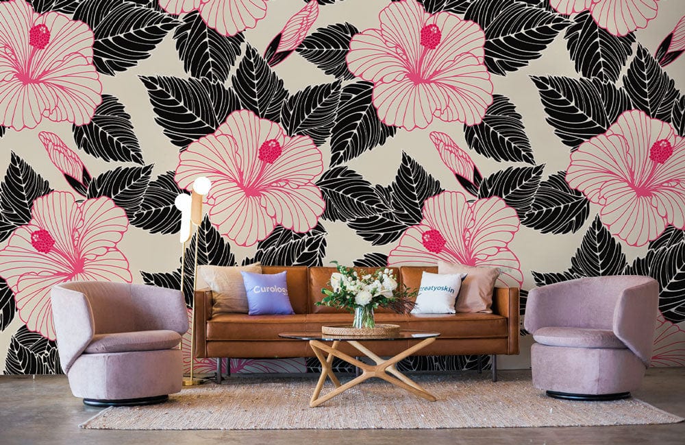 Wallpaper mural for the living room decorated with pink and black line flowers.