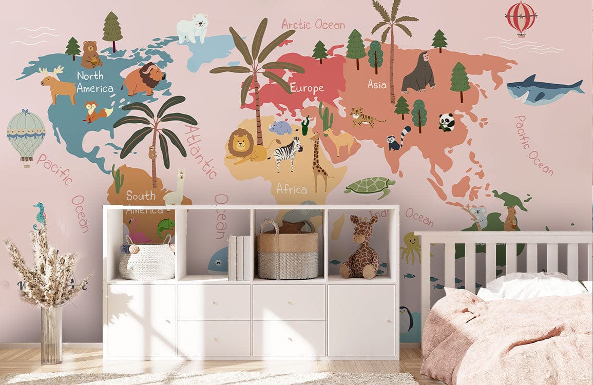 Wallpaper mural featuring a pink animal map for use in decorating a child's room