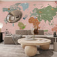 Mural wallpaper design featuring a pink cartoon map for use in decorating the living room