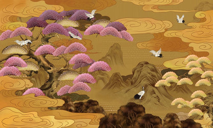 wall mural wallpaper with pink conifers, used for interior decoration