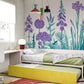 Wallpaper mural for bedroom decoration featuring violet and turquoise flowers.