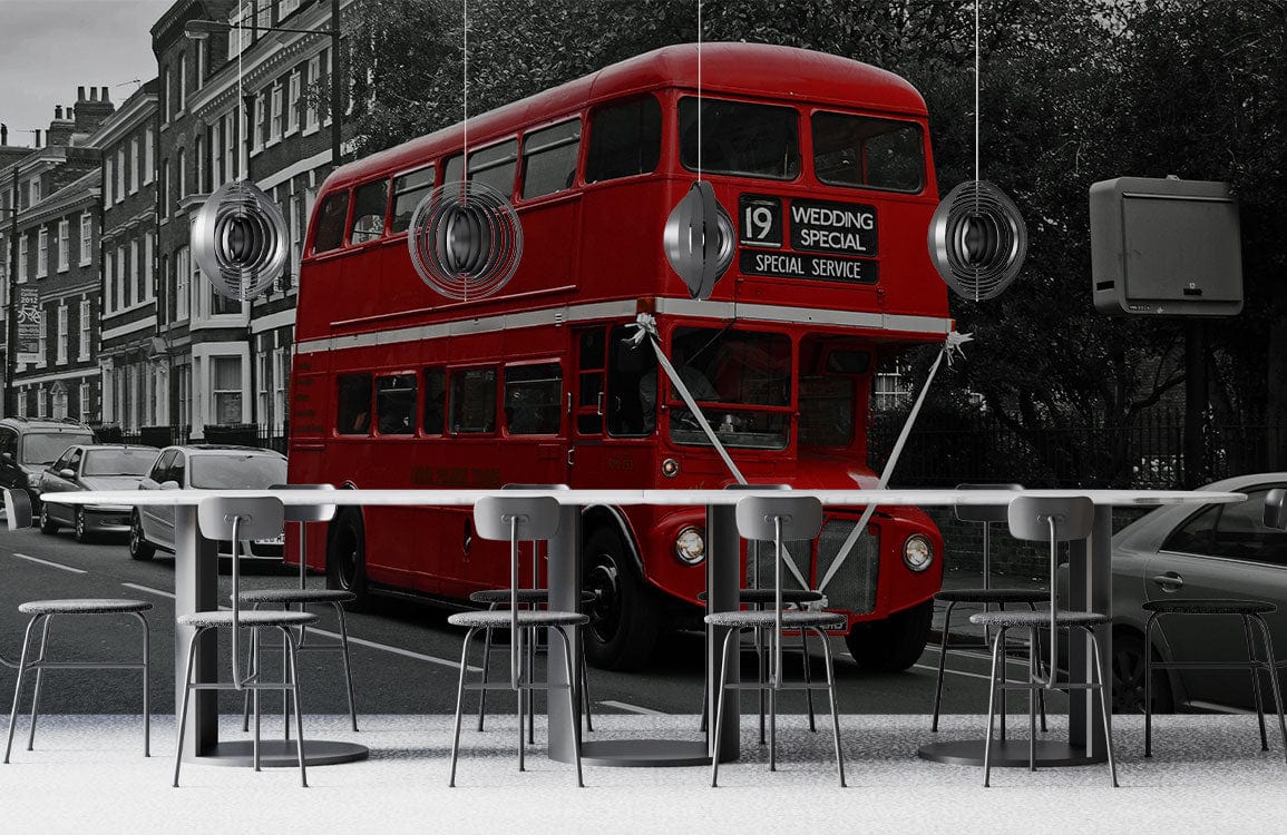 Wallpaper mural with a red double-decker bus scene for use as office decor