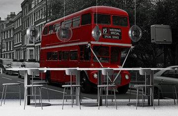 Red Vintage Bus Urban Mural Wallpaper