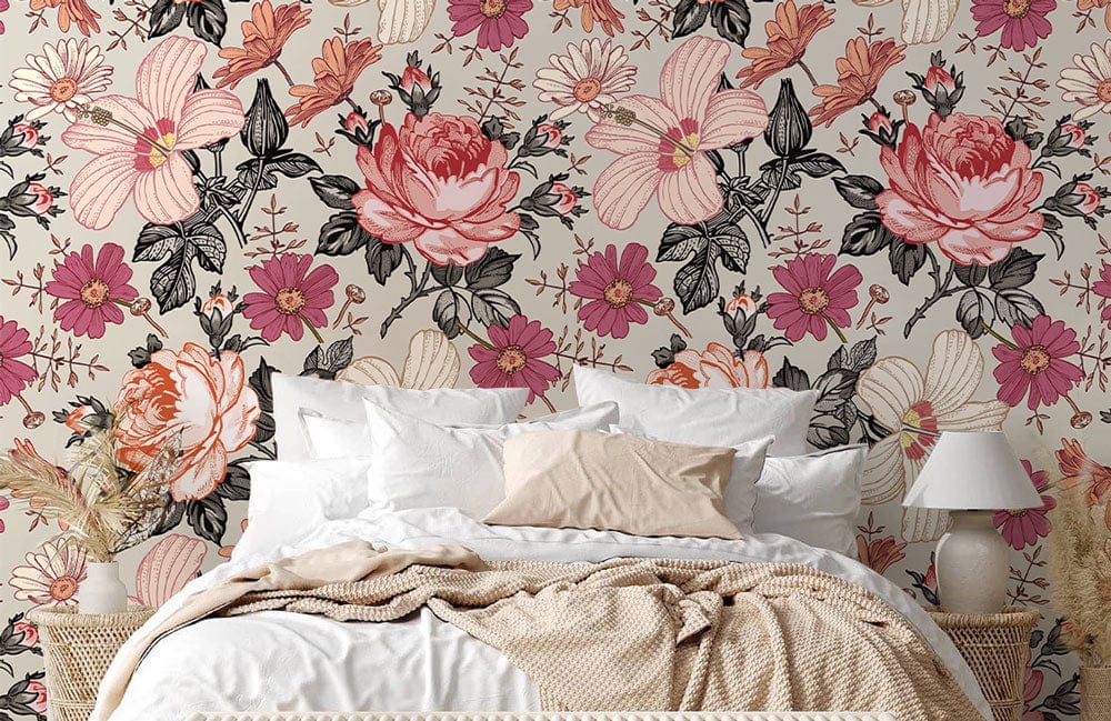 Elegant and Romantic Bedroom Wall Mural Wallpaper with Vibrant Flowers