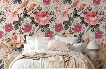 Vintage Pink Rose Floral Mural Wallpaper