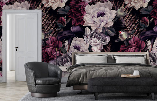 Wallpaper mural featuring a romantic peony design, perfect for decorating a bedroom