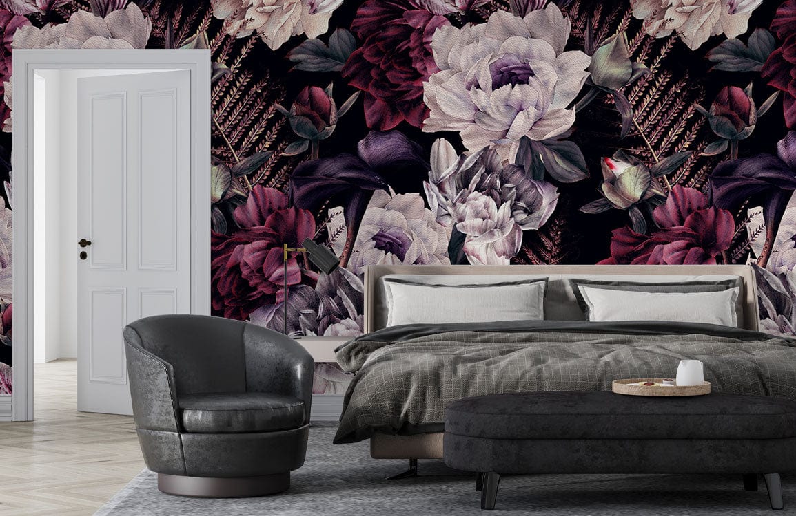 Wallpaper mural featuring a romantic peony design, perfect for decorating a bedroom