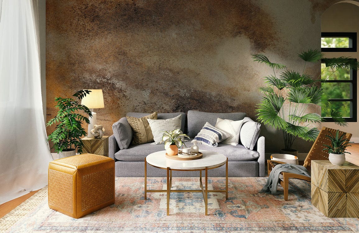 Wallpaper mural with rust spots on a textured grain background for the living room.