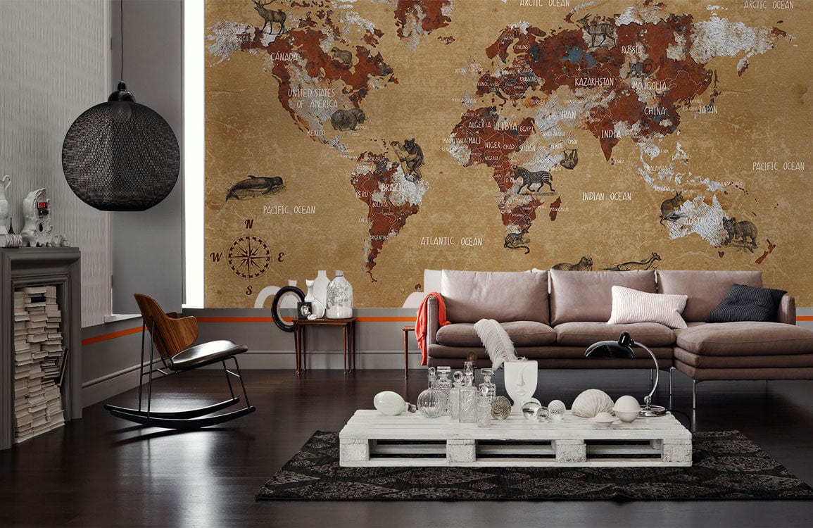 Wallpaper Mural in a Rustic Brown Map Design for the Living Room Decor