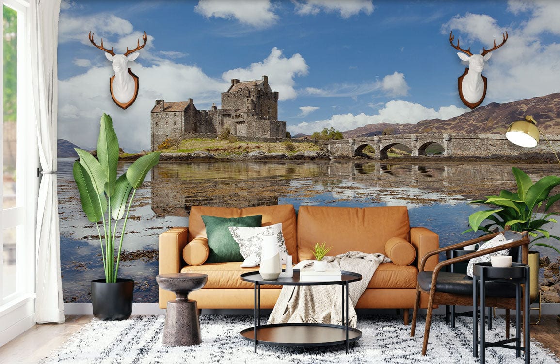 Wallpaper Mural with Scottish Castle Landscape Design for Living Room Decoration