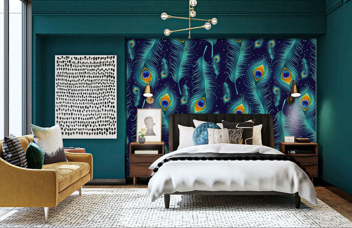 Wallpaper mural with a Shining Peacock Feather Design for the Bedroom Decoration