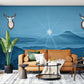 Wallpaper Mural with Shiny Sun and Misty Hills for Use in Decorating the Living Room
