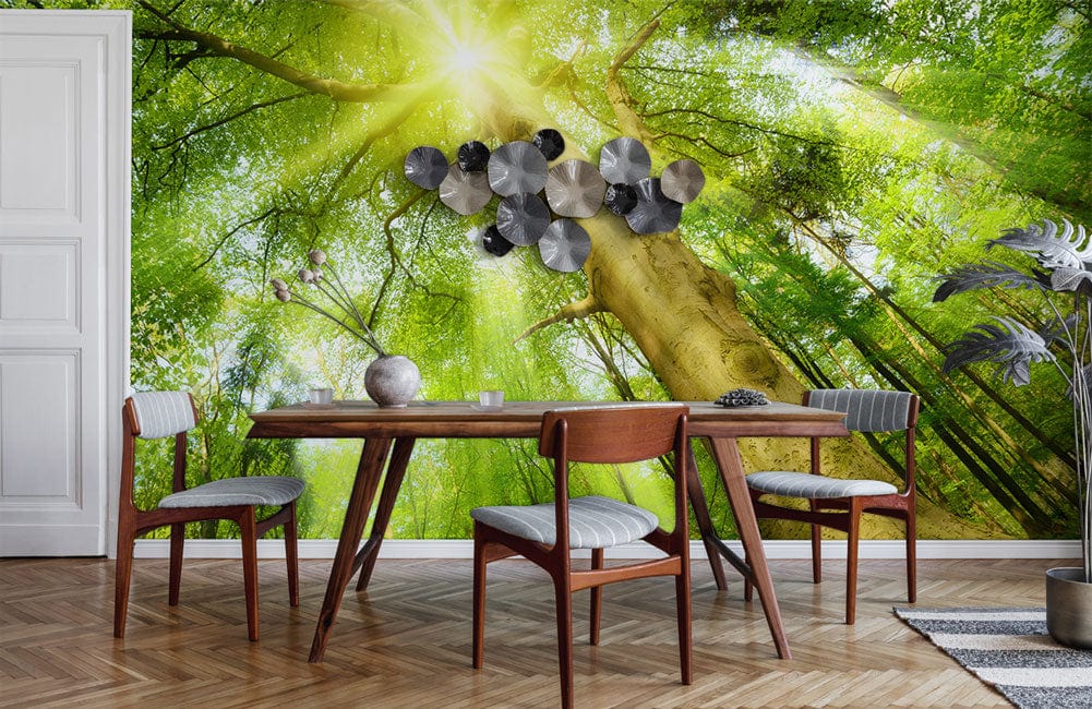 Wallpaper mural with a forest scene that may be used to decorate the dining room.