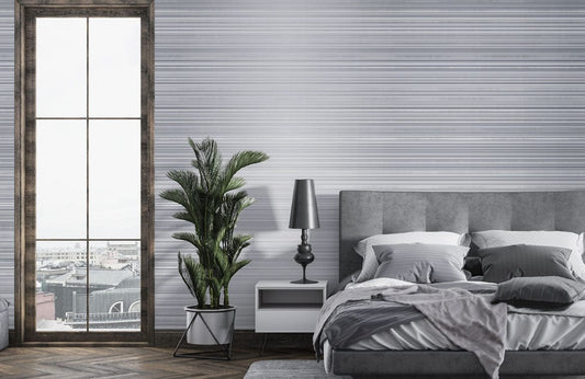 Wallpaper mural in silver with brushed metals for use as bedroom decor.