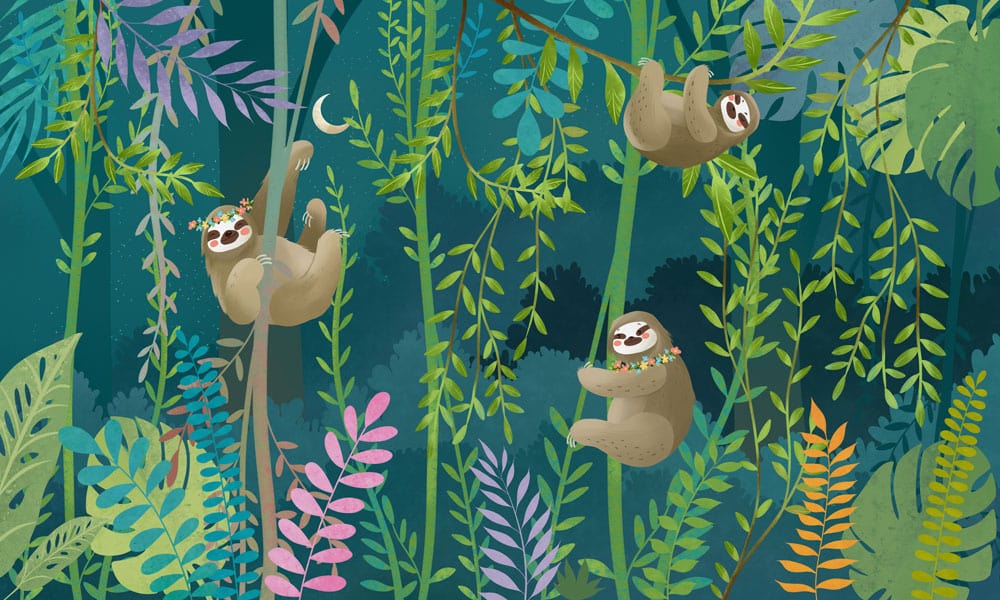 The wall of a room might include a mural wallpaper depicting a sloth climbing vines.