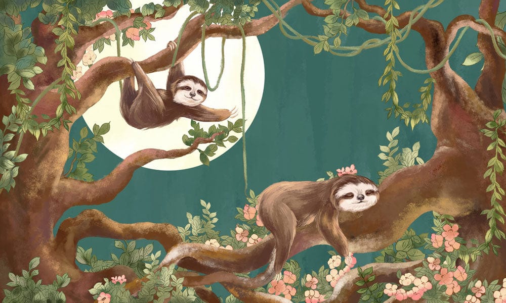 This wallpaper artwork depicts a nocturnal scene in which sloths are seen having a wonderful time dangling from the trees.