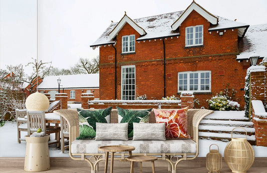 Wallpaper mural featuring a snowy landscape and a red house for the living room's decor.