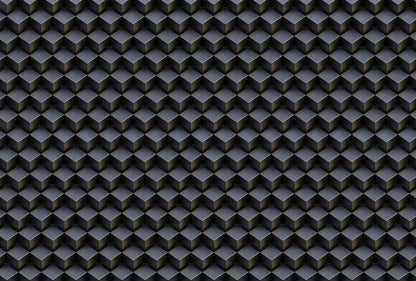 Wallpaper throughout the room has a square puzzle-like appearance.