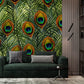 Wallpaper mural featuring a straight peacock feather design, perfect for use in the living room.
