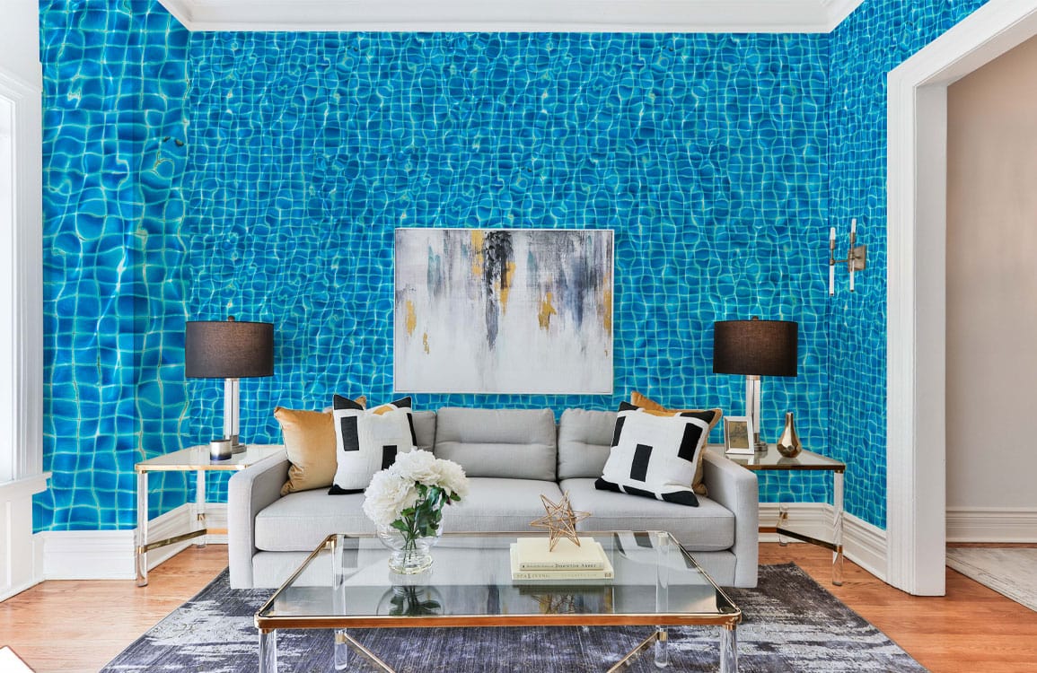 Wallpaper mural featuring a swimming pool with ripples for use in decorating the living room.