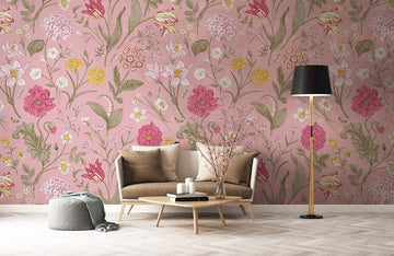 Vintage Botanical Pink Floral Mural Wallpaper