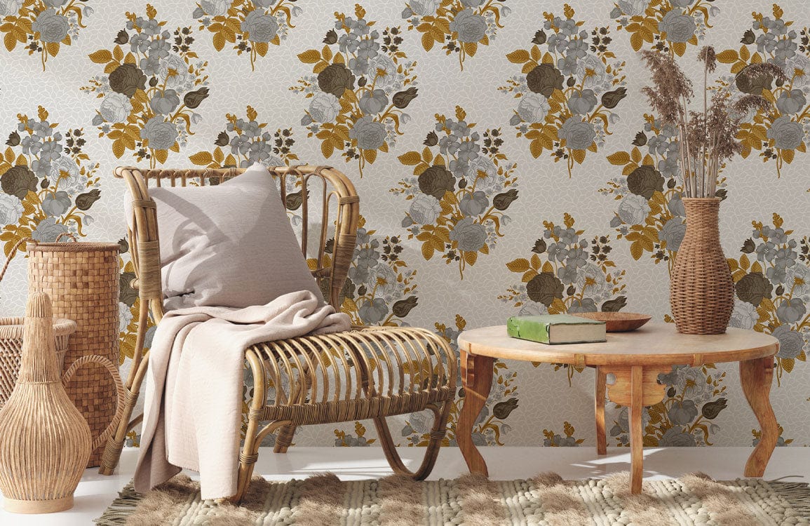 Wallpaper mural with tiny grey bouquets for use as room decor.