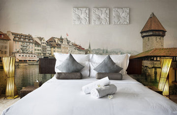 Serene Lakeside City Photographic Mural Wallpaper