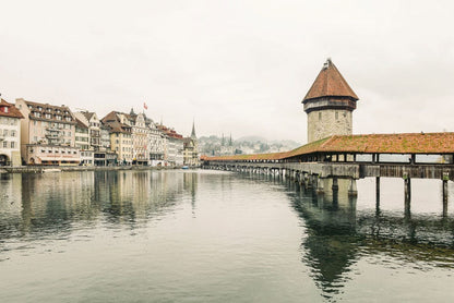 Wallpaper mural for home decoration featuring a town on the water.